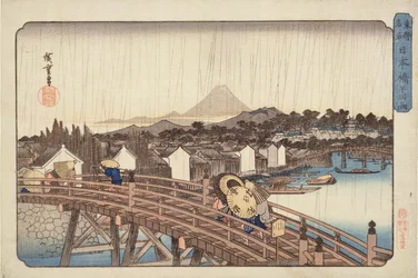 Wieczorny prysznic na moście Nihonbashi, z miejsc celebrowanych wschodniej stolicy 1832 (kolorowy nadruk w drewnie)