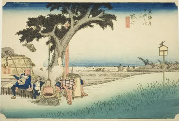 Fukuroi: Stoisko z herbatą (Fukuroi, dejaya no zu), z serii „Pięćdziesiąt trzy stacje Tokaido (Tokaido gojusan tsugi no uchi),” znane również jako Hoeido Tokaido