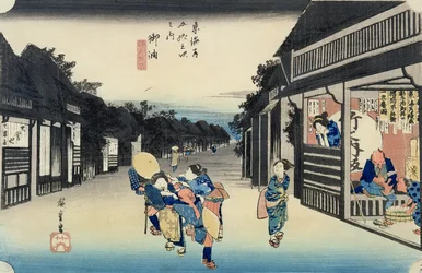 Goyu: Kelnerki nagabujące podróżnych, z serii „53 stacje Tokaido”, opublikowanej w 1833-34