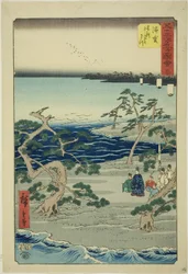 Hamamatsu: słynne szemrzące sosny (Hamamatsu, meisho zazanza no matsu), nr. 30 z serii „Słynne zabytki pięćdziesięciu trzech stacji (Gojusan tsugi meisho zue),” znanej również jako Vertical Tokaido