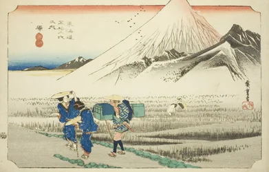 Hara: Góra Fuji o poranku (Hara, asa no Fuji), z serii „Pięćdziesiąt trzy stacje drogi Tokaido (Tokaido gojusan tsugi no uchi),” znanej również jako Hoeido Tokaido