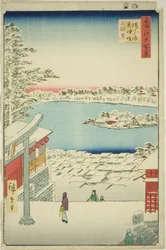 Pociągnij widok l i p z Yushima Tenjin Shline (Yushima Tenjin Sakaue Tembo), z serii „Ridge dred fan net s views of Edo (Sto widoków Edo)”