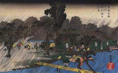 Hiroshige, Ludzie chroniący się przed deszczem