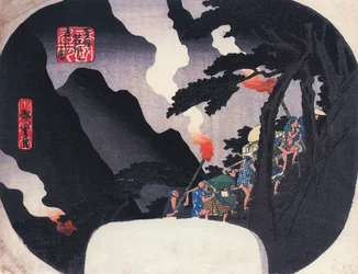 Hiroshige Podróżnicy na górskiej ścieżce nocą