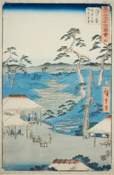 Hodogaya: Odległy widok na góry Kamakura z Domu Wypoczynkowego w pobliżu Drzewa Granicznego (Hodogaya, Kyoboku tateba Kamakura yama enbo), nr. 5 z serii „Słynne zabytki pięćdziesięciu trzech stacji (Gojusan tsugi meisho zue),” znanej również jako Verti