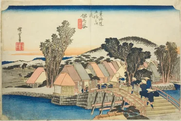 Hodogaya: Most Shinmachi (Hodogaya, Shinmachibashi), z serii „Pięćdziesiąt trzy stacje drogi Tokaido (Tokaido gojusan tsugi no uchi),” znany również jako Hoeido Tokaido