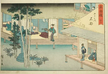 Ishibe... Nie. 52, z serii „Pięćdziesiąt trzy stacje Tokaido (Tokaido gojusan tsugi),” znanej również jako Reisho Tokaido