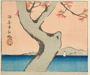 Liście klonu w świątyni Kaian (Kaianji benikaede), fragment arkusza z serii „Wycinane obrazki znanych miejsc w Edo (Edo meisho harimaze zue)”