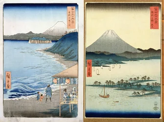 Góry i wybrzeże, dwa widoki z „36 widoków na Fudżi”, wyd. Kosheihei, 1853, (kolorowy drzeworyt)