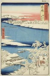 Prowincja Musashi: Poranek po śniegu nad rzeką Sumida (Musashi, Sumidagawa yuki no ashita), z serii „Słynne miejsca w sześćdziesięciu nieparzystych prowincjach (Rokujuyoshu meisho zue)”