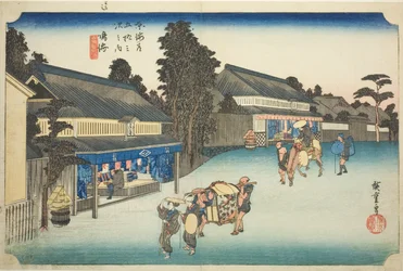 Narumi: Słynne barwione tkaniny Arimatsu (Narumi, meibutsu Arimatsu shibori), z serii „Pięćdziesiąt trzy stacje Tokaido (Tokaido gojusan tsugi no uchi)”, znane również jako Hoeido Tokaido