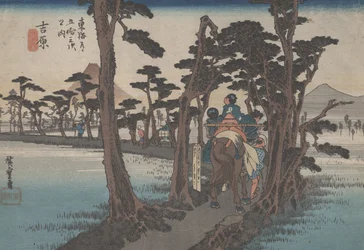 Nr 16 „Yoshiwara: Fuji po lewej” z 53 stacji Tokaido, ok. 1833