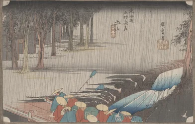 Nr 50 „Tsuchiyama: Wiosenny deszcz” z 53 stacji Tokaido, ok. 1834 r.