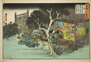 Nr 6: Ise no Saburo przysięga lojalność wobec Ushiwakamaru (Rokukai, Ise no Saburo ga kakurega ni yadorite Ushiwakamaru shuju o yakusu), z serii „Życie Yoshitsune (Yoshitsune Ichidaiki no uchi)”