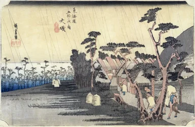 Oiso: Toraga Ame Shower, z serii „53 stacje drogi Tokaido”, 1834-35 (kolorowy drzeworyt)