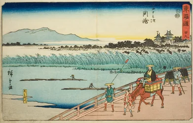 Okazaki: rzeka Yahagi (Okazaki, Yahagigawa) — nr 39 z serii „Pięćdziesiąt trzy stacje Tokaido (Tokaido gojusan tsugi),” znana również jako Reisho Tokaido