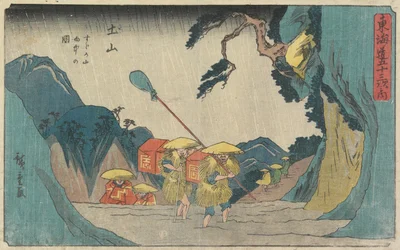 Deszcz na górze Suzuka w Tsuchiyama, 1841-42 (kolorowa odbitka drzeworytnicza)