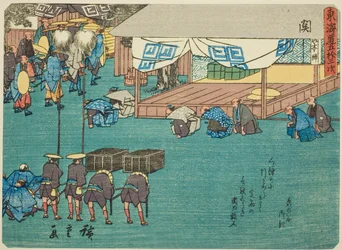 Seki, z serii „Pięćdziesiąt trzy stacje Tokaido (Tokaido gojusan tsugi),” znany również jako Tokaido z wierszem (Kyoka iri Tokaido)