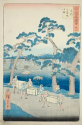 Shono: Starożytne miejsce kopca Shiratori (Shono, Shiratorizuka koseki), nr. 46 z serii „Słynne zabytki pięćdziesięciu trzech stacji (Gojusan tsugi meisho zue),” znanej również jako Vertical Tokaido