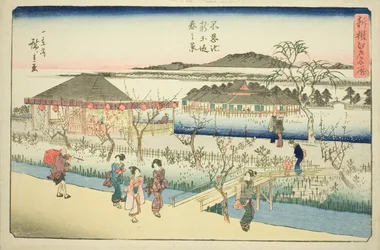 Wiosenny widok nowego nabrzeża nad stawem Shinobazu (Shinobazu ike shin dote haru no kei), z serii „Nowo wybrane słynne miejsca w Edo (Shinsen Edo meisho)”