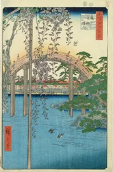 Most z glicyniami, czyli Kameido Tenjin Keidai, plansza 57 ze „100 widoków Edo”, 1856