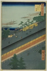 Hall of Thirty-Three Bays at Fukagawa (Fukagawa Sanjusangendo), z serii "One Hundred Famous Views of Edo (Meisho Edo hyakkei)".