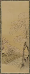 Krajobraz: kwitnące drzewa wiśniowe wzdłuż brzegów potoku, okres Edo, 1615-1868.