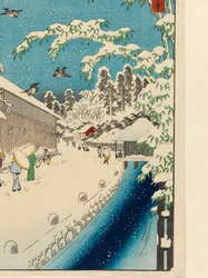 Atagoshita i Yabu Lane (Atagoshita Yabukôji), przed 1858 (kolorowy nadruk z bloczków drewna, z płatkami miki i nadrukiem na tkaninie)