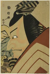 Aktor Ichikawa Ebizo jako Usui Arataro Sadamitsu w scenie Shibaraku sztuki „Seiwa Nidai Oyose Genji”, wystawiony w Teatrze Miyako w jedenastym miesiącu 1796