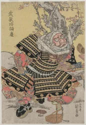 Musashibo Benkei klęczy przy śliwce