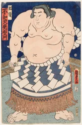 Portret zapaśnika sumo Shiranui Mitsuemon (1825-1879) w rytualnym fartuchu. Rycina Utagawa Kunisada II (1823-1880)
