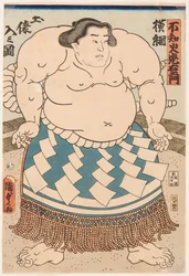 Portret zapaśnika sumo Shiranui Mitsuemon (1825-1879) w rytualnym fartuchu. Rycina Utagawa Kunisada II (1823-1880)