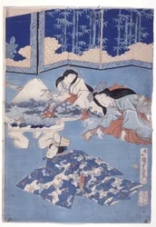 Dando as boas-vindas à primavera com uma colheita de flores (Hana Soroi Haru No Taimen) (impressão em xilogravura colorida)polonês