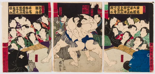 Walka zapaśników sumo. Rycina Utagawa Kuniteru (1808-1876) - zapaśników sumo, autorstwa Kuniteru, Utagawa (1808-1876). Kolorowy drzeworyt. Prywatna kolekcja