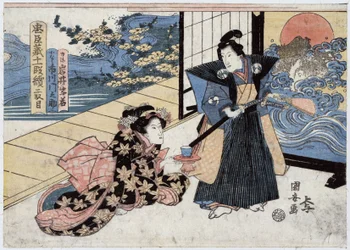 Japonia, akt II Chushingury, opowieści o 47 roninach (lub 47 samurajach): Rikiya z mieczem i wachlarzem, stojący obok klęczącego na podłodze Konamiego, oferujący mu filiżankę herbaty, rycina Utagawy Kuniyasu