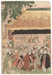 Grupa aktorów w drodze do świątyni Oji (Inari jinja) w Nowy Rok, sygnowana Kuniyoshi, pieczęć kiwame, tryptyk Oban tate-e (kolorowy drzeworyt)