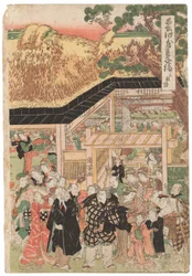 Grupa aktorów w drodze do świątyni Oji (Inari jinja) w Nowy Rok, sygnowana Kuniyoshi, pieczęć kiwame, tryptyk Oban tate-e (kolorowy drzeworyt)