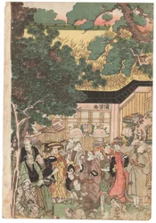 Grupa aktorów w drodze do świątyni Oji (Inari jinja) w Nowy Rok, sygnowana Kuniyoshi, pieczęć kiwame, tryptyk Oban tate-e (kolorowy drzeworyt)