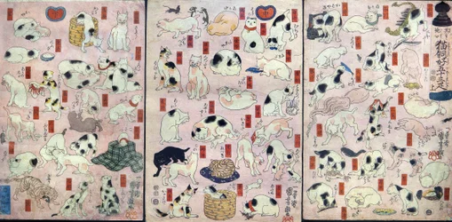 Pięćdziesiąt trzy koty jako kalambury dla nazw stacji na drodze Tōkaidō (Sono mama jiguchi myōkaidō gojūsan biki), c.1848