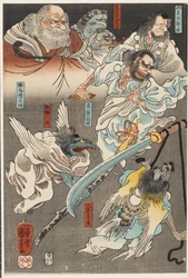 Minamoto Yoshitsune walczy z Benkei na moście Gojō z pomocą demonów tengu