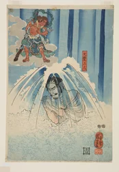 Mongaku Shonin pod wodospadem (na dole) (kolorowy drzeworyt)