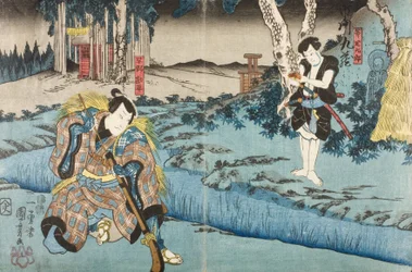 Sawamura Chōjūrō V jako Hayano Kanpei i Ichikawa Kuzō II jako Ono Sadakurō w akcie V sztuki Kanadehon Chūshingura