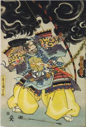 Arkusz z kolorowego tryptyku drzeworytowego, przedstawiającego Minamoto no Yorimasa, w asyście Ii Hayaty i Watanabe Choshichi, zestrzeliwującego nune z dachu pałacu cesarza Konoe: Japonia, Edo, Utagawa Kuniyoshi, ok. 1900. 1820 - 1825