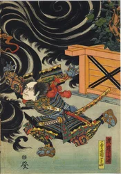 Arkusz z kolorowego tryptyku drzeworytowego, przedstawiającego Minamoto no Yorimasa, w asyście Ii Hayaty i Watanabe Choshichi, zestrzeliwującego nune z dachu pałacu cesarza Konoe: Japonia, Edo, Utagawa Kuniyoshi, ok. 1900. 1820 - 1825