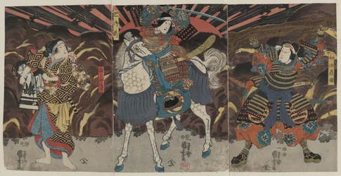 Trzech aktorów w rolach samurajów Wadai Yoshimori, Tomoe Gozen i Yamabuki
