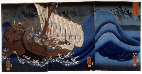 Yoshitsune Minamoto zaatakowany przez widma zabitych wrogów. Obraz Utagawy Kuniyoshi, początek XIX wieku.