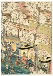 Prawdziwy widok na domy uciech Miyosaki w Nowym Porcie, Jokohama, Kanagawa, 1860 (drzeworyt)