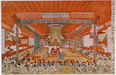 Ceremonia Shinto przedstawiająca ceremonię kultu Shinto, najstarszej religii w Japonii. Japońska grafika autorstwa Utagawy Toyoharu (1735-1814). Paryż, Muzeum Guimet, Muzeum Sztuki Azjatyckiej.