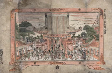 Ludzie wchodzący do dużej świątyni. Na zewnątrz znajdują się stragany handlowe. Odbitka obrazu w ramie z nóżkami, ok. 1770 r. Utagawa Toyoharu (1735-1814) japoński artysta Ukiyo-e. Tłum Religia Kult
