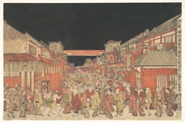 Widok przedstawienia kaomise w teatrze Yoshibai w Sakaichō Fukiyachō